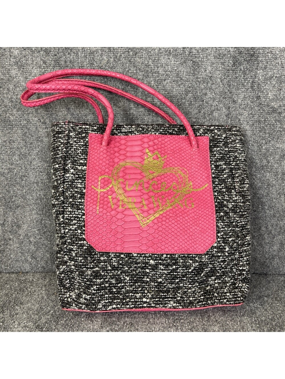 Princess Vera Wang Tote Black Grey Tweed Pink Faux Snake Skin